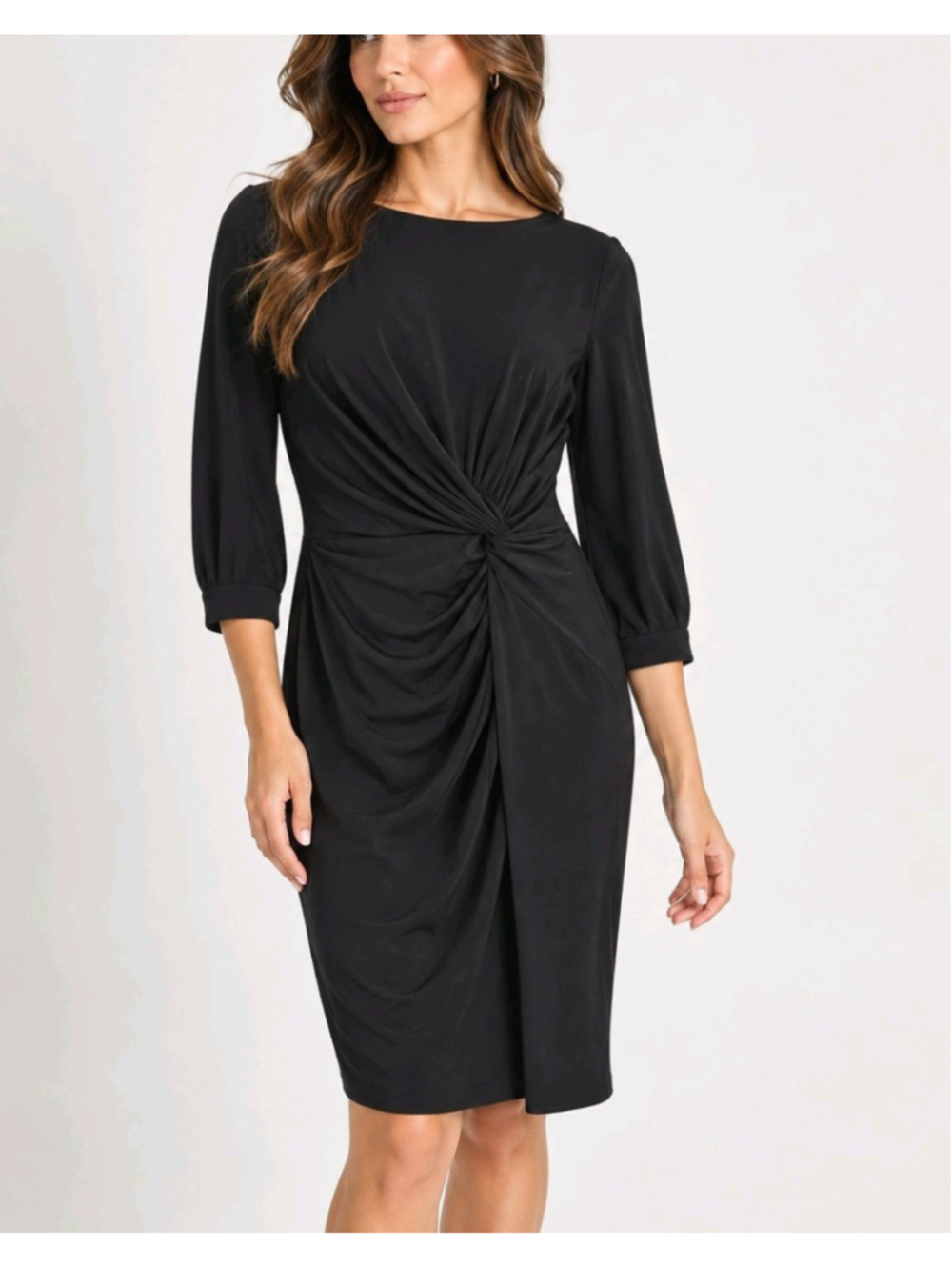 Lauren Ralph Lauren Dress Black Ruched Sheath Boat Neck 3/4 Sleeve Size 6